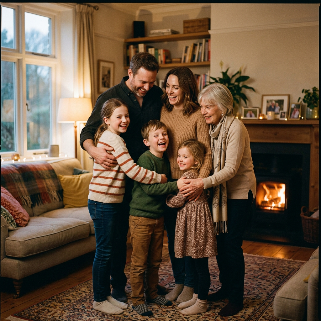 Multi-generational family group hug in cozy living room with fireplace